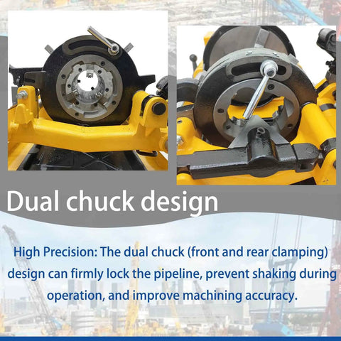 Built Tough Electric Pipe Threader Machine dual chuck design for precise clamping and improved accuracy in pipe threading.