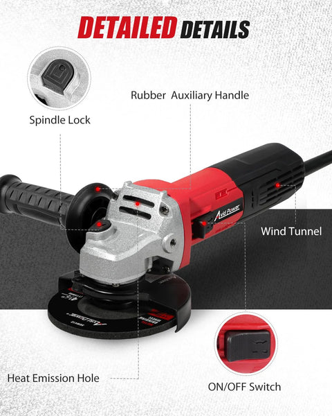 AVID POWER angle grinder, red 4-1/2 inch with rubber auxiliary handle and grinding wheel