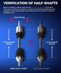 Verification image showing new vs old half-shafts for Built Tough Front CV Axle Shaft Replacement Kit Compatible With Ford Edge And Lincoln MKX FWD Cars Featuring Reinforced Neoprene Boots For Hassle Free Garage Swaps.
