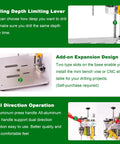 Compact Benchtop Drill Press For Home Crafts And Jewelry Making, Ultra Quiet 7 Speed Drill With B10 Chuck, shown with depth limiting lever, expansion design, and dual direction operation features.