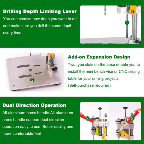 Compact Benchtop Drill Press For Home Crafts And Jewelry Making, Ultra Quiet 7 Speed Drill With B10 Chuck, shown with depth limiting lever, expansion design, and dual direction operation features.