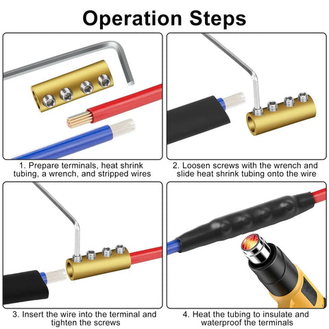 Heavy Duty 6 8 10 AWG Wire Connector Nut Kit With 80A Splicing Screws And Quick Wiring Connection Brass Terminals Steps