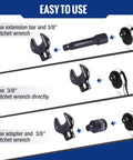 Instructional diagram showing Crowfoot Wrench Set 3/8 Inch Drive, 13 Piece Metric Crowfoot Wrenches With Two Extension Bars and Adapter use.