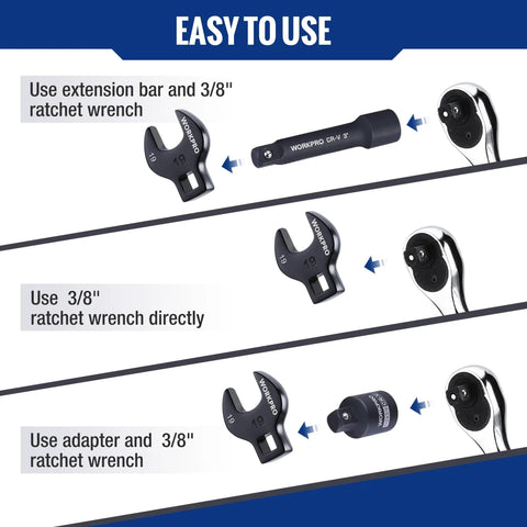 Instructional diagram showing Crowfoot Wrench Set 3/8 Inch Drive, 13 Piece Metric Crowfoot Wrenches With Two Extension Bars and Adapter use.