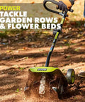 Universal Tiller Attachment For String Trimmer 8 Inch Cultivator with 4 Steel Tines used in a garden bed.