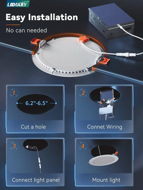 Installation steps for 6 Inch Recessed LED Downlight With Junction Box, 6 CCTs From 2500K To 5000K, Dimmable And ETL Certified