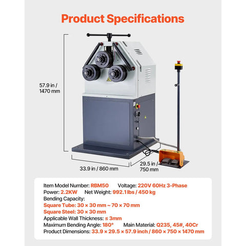 Heavy Duty Electric Roll Bender Machine Featuring Smooth Three Roller Gearing And Quick Flip Foot Switch with product specifications.