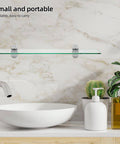 Glass shelf mounted with Beefy Heavy Duty Adjustable Wall Mounted Shelf Brackets Set Pair, brushed nickel finish, bathroom setup.