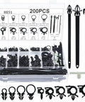 200-Piece Car Wire Loom Routing Clip Kit With 15 Size Assortment, Nylon Harness Clips For Auto Wiring, black components in box