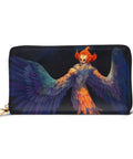 Colorful wallet featuring a mythical bird design with vibrant feathers and a stylish zipper for secure storage.