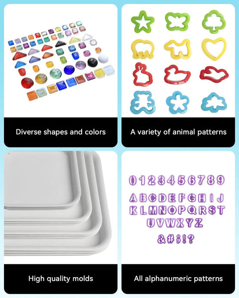 12 Piece Stepping Stone Molds Kit for Concrete Pavers Squares 4 Size Set with mosaic tiles, molds, animal shapes, alphanumeric stamps