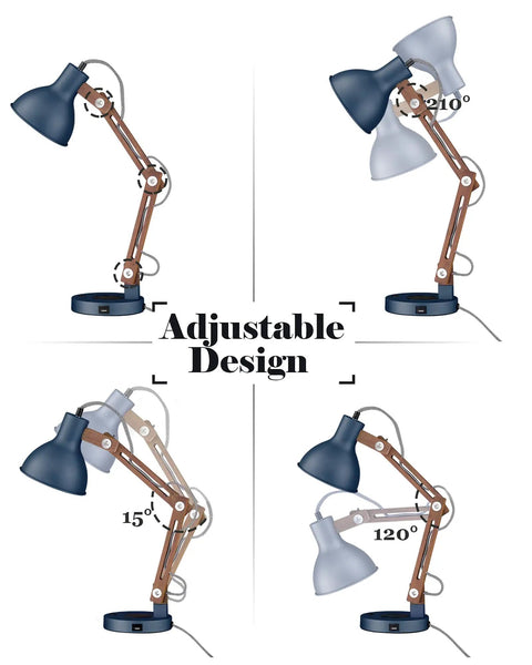 Adjustable angles of Sapele Wood Desk Lamp With Upgraded Wireless Charger And USB C Port Swing Arm Reading Light.