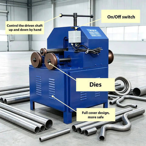 Heavy Duty Rolling Pipe Bending Machine With Round And Square Dies For Metal Tubing, showcasing the controls, dies, and metal pipes.