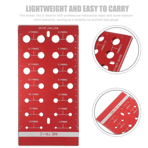 Ultimate Red Aluminum Alloy Thread Pitch Gauge Tool For Fasteners That Measures Standard And Metric Sizes With Precision Accuracy Perfect For Carpenters Mechanics And DIY Pros Who Need A Reliable Screw Nut Size Checker On The Go, red metal gauge with metric holes