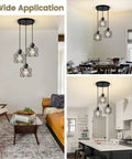 Three Light Adjustable Pendant Light Fixture With Long Cord in kitchen and dining room settings, showcasing industrial black metal design.