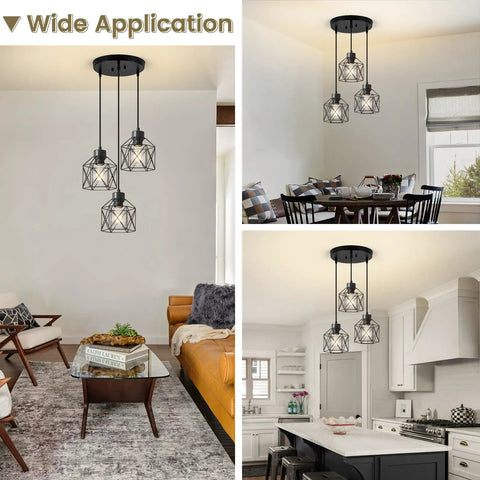 Three Light Adjustable Pendant Light Fixture With Long Cord in kitchen and dining room settings, showcasing industrial black metal design.