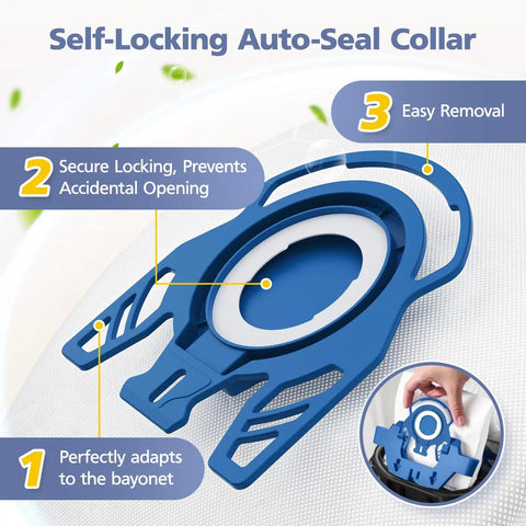 Close-up of self-locking auto-seal collar for 20 Pack 3D AirClean Replacement Vacuum Bags For GN Canister Vacuums with instructions