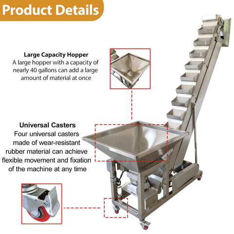 Dinenovate Heavy Duty Z Type Bucket Elevator 6.5ft Lifting Height Stainless Steel Conveyor with large capacity hopper.