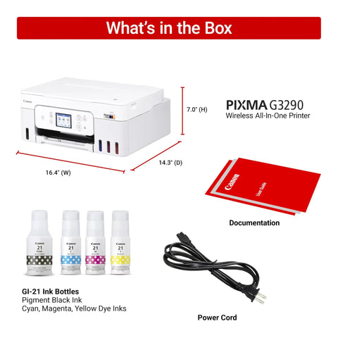 G3290 All In One Wireless Supertank Printer With High Yield Ink Print Copy Scan Mobile Printing Two Point Seven Inch Color Touchscreen Auto Two Sided Printing Two Years Ink Included And Big Savings On Ink Costs shown with ink bottles and power cord.
