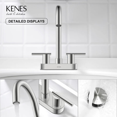 4 Inch 2 Handle Centerset Brushed Nickel Lead Free Bathroom Faucet With Pop Up Drain And Two Water Supply Lines Modern Commercial Style