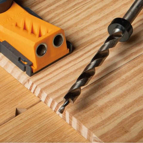 Close-up of Workhorse Pocket Hole Drill Bit Set with depth stop collar in use on wood surface for clean drilling by POWERTEC.
