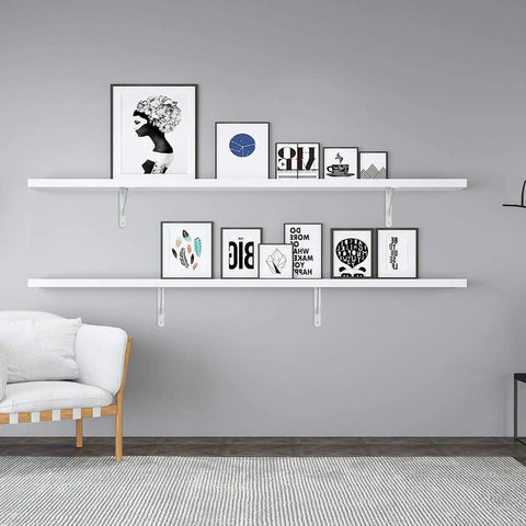 Wall with floating shelves supported by Ten Pack Heavy Duty Shelf Triangle Brackets 12 Inch Long By 8 Inch High Right Angle L Braces.