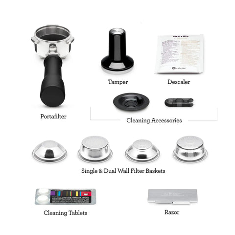 Product components for Next Level Semi Automatic Espresso Machine: portafilter, tamper, cleaning accessories, filter baskets.