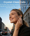 Woman using Hybrid Active Noise Cancelling Wireless Earbuds With Six Microphones ENC For Crystal Clear Calls in city street