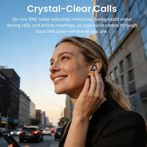 Woman using Hybrid Active Noise Cancelling Wireless Earbuds With Six Microphones ENC For Crystal Clear Calls in city street