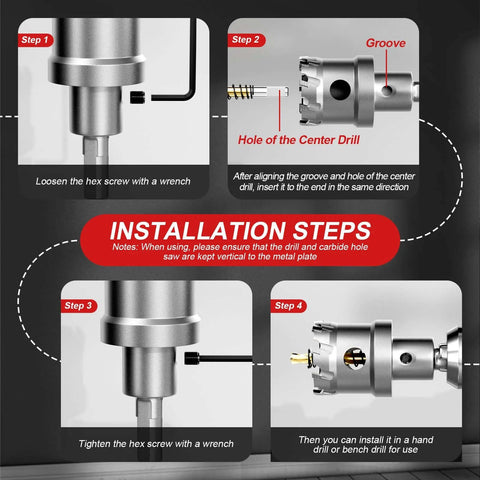 REKCKRUL 21-Piece TCT Carbide Hole Saw Kit for metal (1/2"–2-1/8"), shown with installation steps