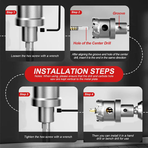 Installation steps for Beefy Heavy Duty TCT Carbide Hole Saw Kit For Metal 1-1/4 Inch 32mm with hex screw and wrench.