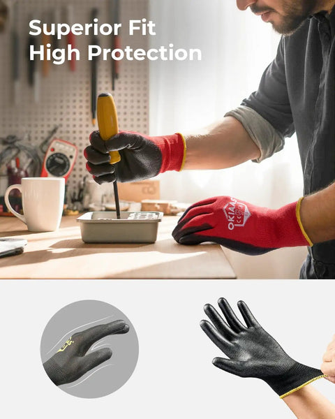Ultra Thin Work Gloves For Men With Grip, 12 Pairs Bulk Pack, Lightweight Safety Gloves For Light Duty Work shown in use