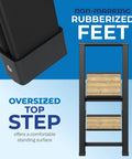 Two Step Folding Ladder With Bamboo And Black Aluminum, ultra slim profile, rubberized feet, oversized top step detail