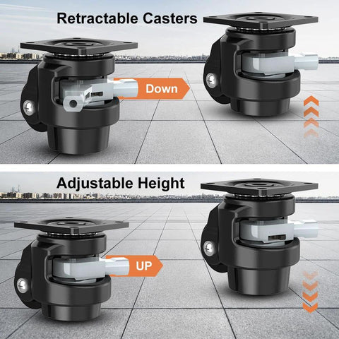 Heavy Duty Leveling Casters With Ratchet Handle Set Of 4 Industrial Casters 2200 Lbs Capacity 2 Inch Adjustable Nylon Wheels showing height adjustment feature