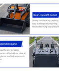 Compact Crawler Mini Skid Steer Loader with deepened bucket and control panel detailing for construction and barn cleaning.