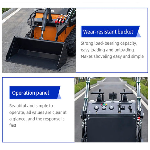 Compact Crawler Mini Skid Steer Loader with deepened bucket and control panel detailing for construction and barn cleaning.