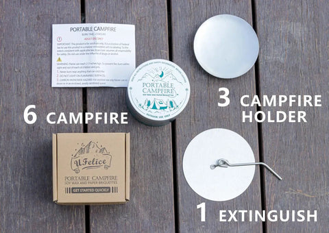 Compact Tabletop Fire Pit With Holder And Extinguisher For Camping And Smores, Reusable Fire Pit Made From Recycled Soy Wax, 6 Pack kit contents