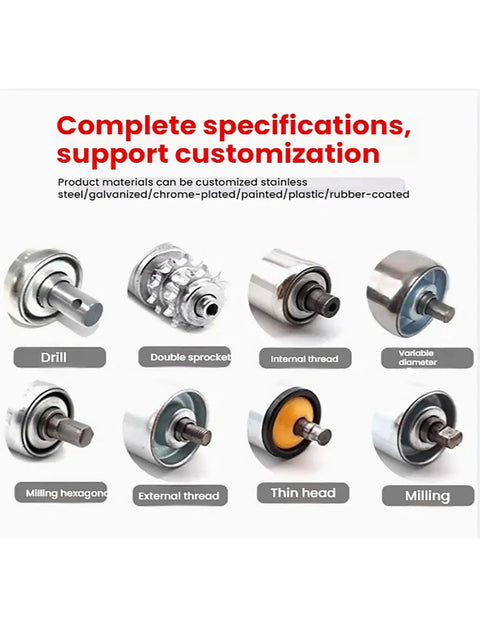 Various stainless steel conveyor rollers and idlers, customized specifications, different head types for DIY and industrial use.