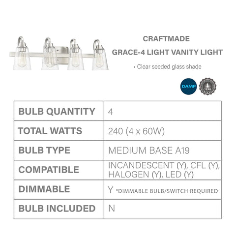 Grace 4 Light Vanity Light In Brushed Polished Nickel With Clear Seeded Glass Shades product specifications chart