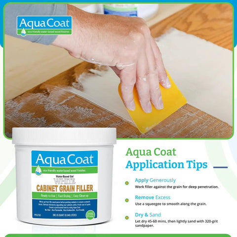 Fast Drying White Wood Grain Filler Gel For Cabinets application on oak wood surface with hand smoothing the gel.