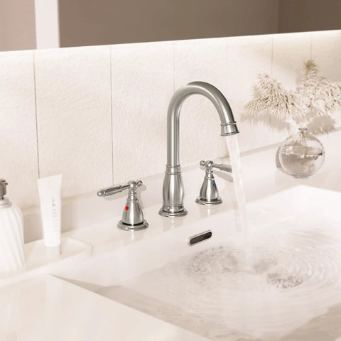 Sleek Chrome Widespread 8 Inch 3-Hole 2-Handle Bathroom Faucet With Valve And Metal Pop-Up Drain Assembly Lead-Free Easy Install