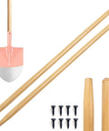 Two Beefy 55-Inch Black Locust Shovel Handle Replacements with screws, shovel head, close-up of hardwood handle ends.