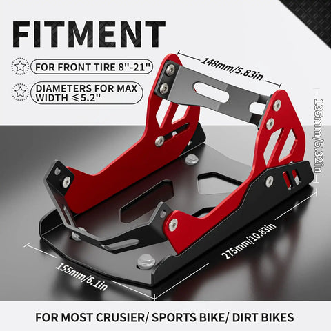 Universal Motorcycle Wheel Chock For Transport, Go To Front Tire Stand, adjustable, black and red, fits 8-21 inch tire