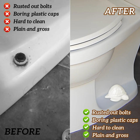 Before and after of a toilet with Whimsical Sea Turtle Ceramic Toilet Bolt Caps For Standard Toilets White Finish
