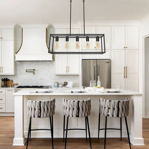 Industrial Black Farmhouse Chandelier Over Table 5 Light Rectangle Hanging Light in modern kitchen setting