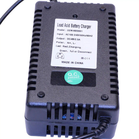 48V 2.5A Battery PC Plug Charger for Electric Bikes and Scooters color black with label for specifications and safety badges