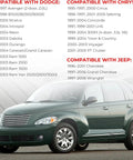 Green Chrysler PT Cruiser with compatibility list for Dodge, Chrysler, Jeep vehicles 1997-2006, shown parked.