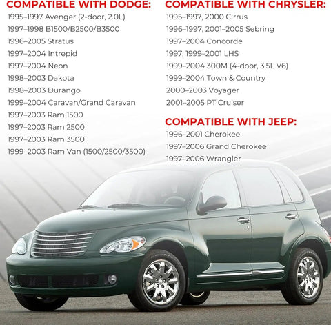 Green Chrysler PT Cruiser with compatibility list for Dodge, Chrysler, Jeep vehicles 1997-2006, shown parked.