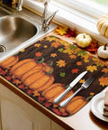 Fall Thanksgiving Must Have Dish Drying Mat Set With Orange Pumpkin Design And Maple Leaves Brown Wood Grain Look Absorbent
