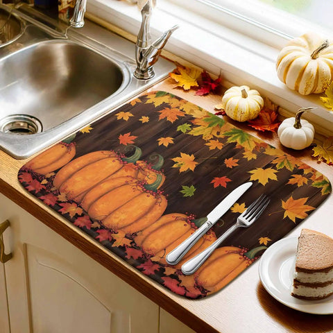 Fall Thanksgiving Must Have Dish Drying Mat Set With Orange Pumpkin Design And Maple Leaves Brown Wood Grain Look Absorbent